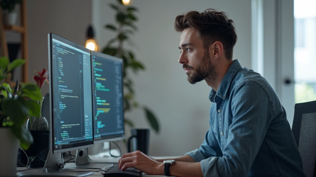 Специалист работает на современном компьютере в технологической компании